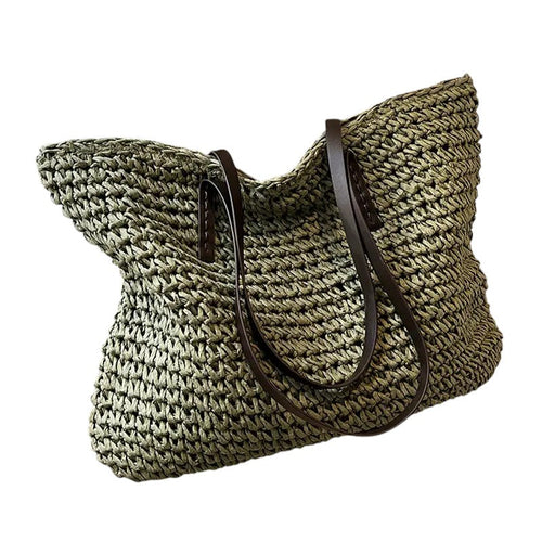 Women's Woven Tote Bag with Faux Leather Straps - Green