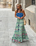 Women's Wide A-Line Maxi Skirt with Tiered Ruffle Hem and Print - Green
