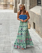 Women's Wide A-Line Maxi Skirt with Tiered Ruffle Hem and Print - Green
