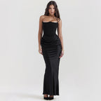 Women's Evening Dress Strapless with Corset Bodice and Draped Skirt - Black