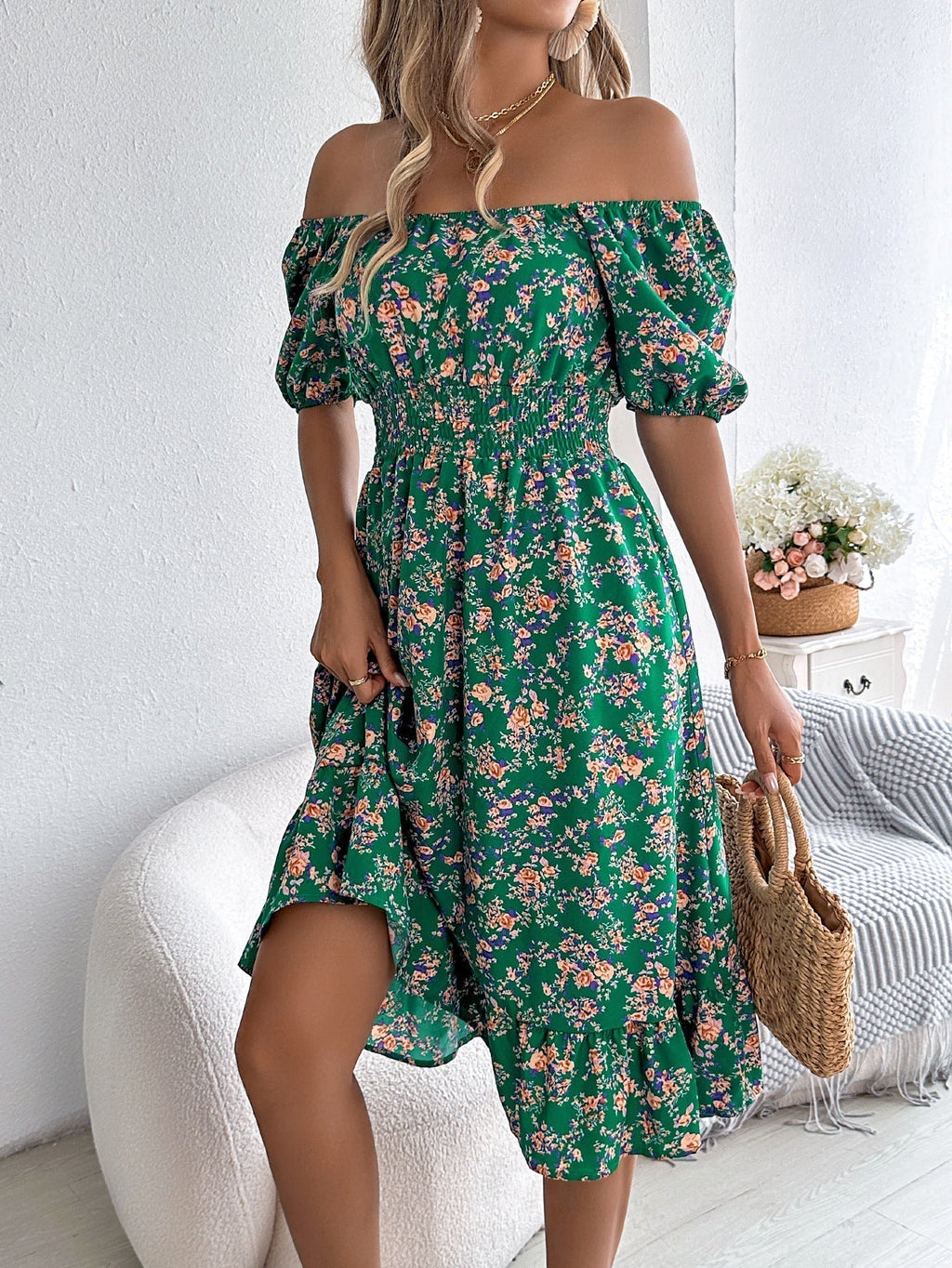 Women's Floral Dress with Frill Hem and High Waist - 5
