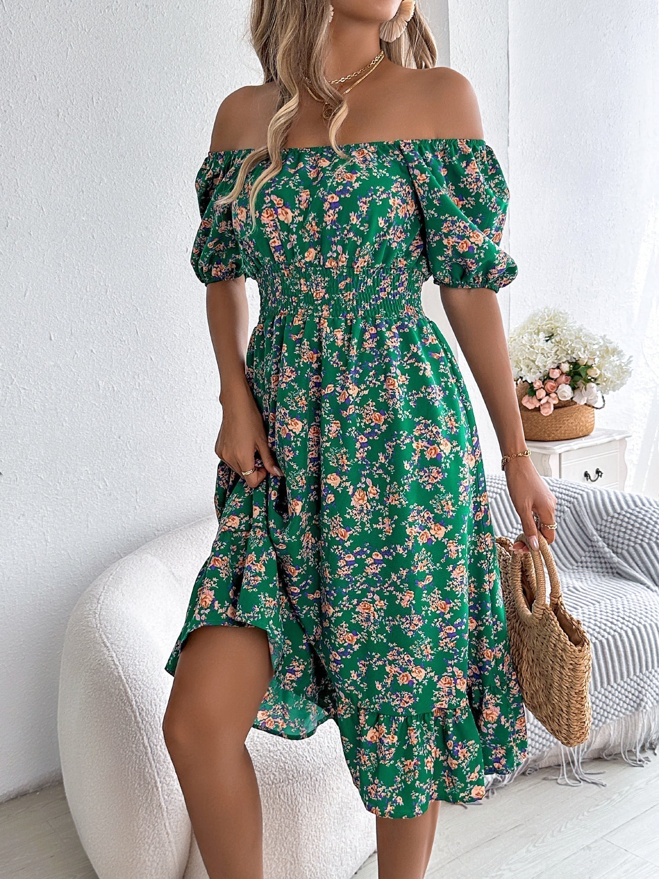Women's Floral Dress with Frill Hem and High Waist - 5