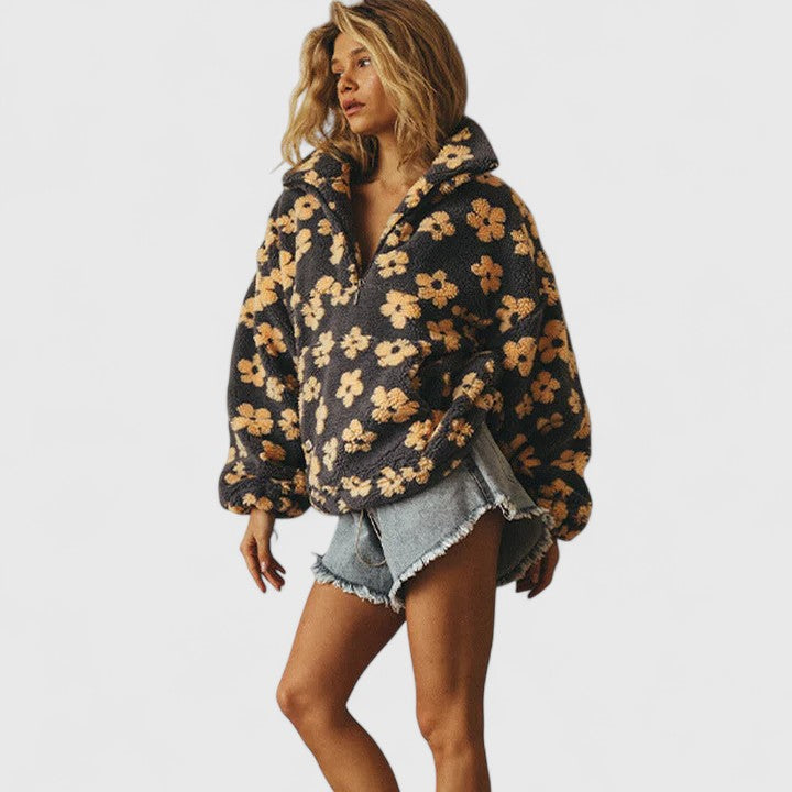 Women's Jumper Long Sleeve with Half-Zip and Floral Print - 4