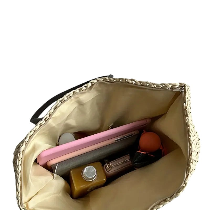Women's Woven Tote Bag with Faux Leather Straps - 9