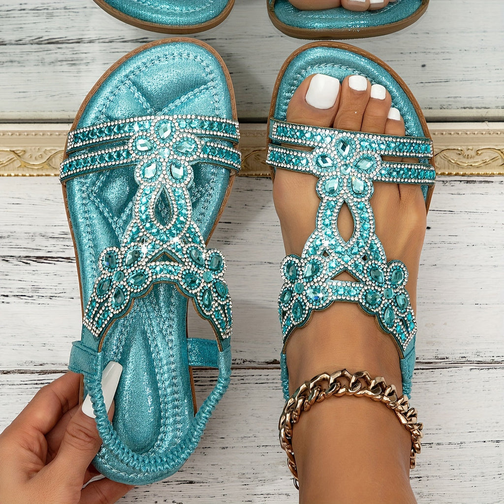 Women's Sandals with Adjustable Straps and Jewelled Embellishment - Light blue