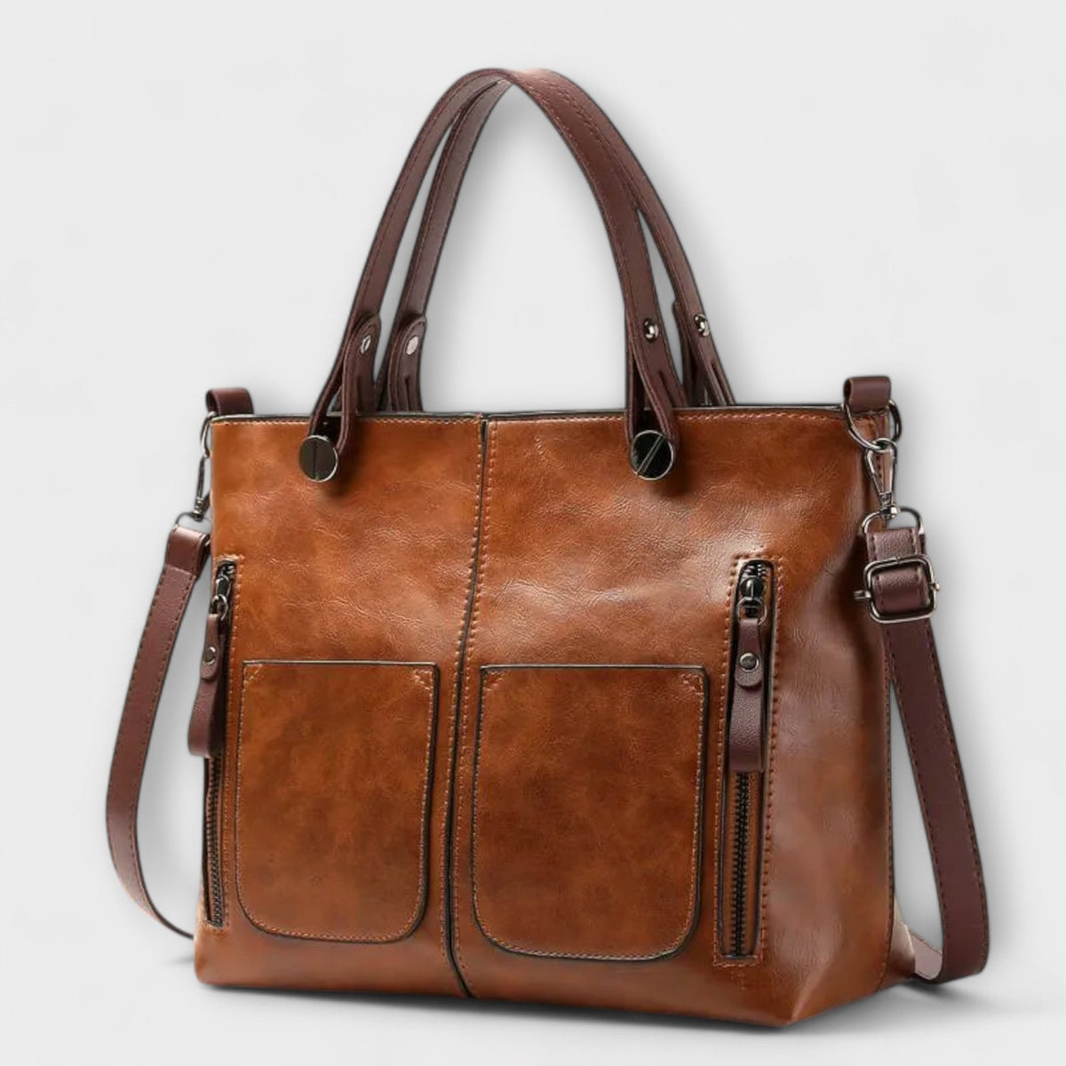 Women's Structured Tote Handbag with Front Pockets - Brown