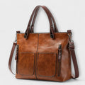 Women's Tote Bag with Front Pockets and Twin Handles - Brown