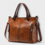 Women's Tote Bag with Front Pockets and Twin Handles - Brown