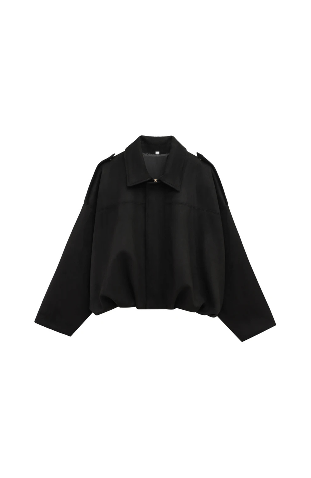 Women's Cropped Bomber Jacket with Collared Neckline and Oversized Sleeves - Black
