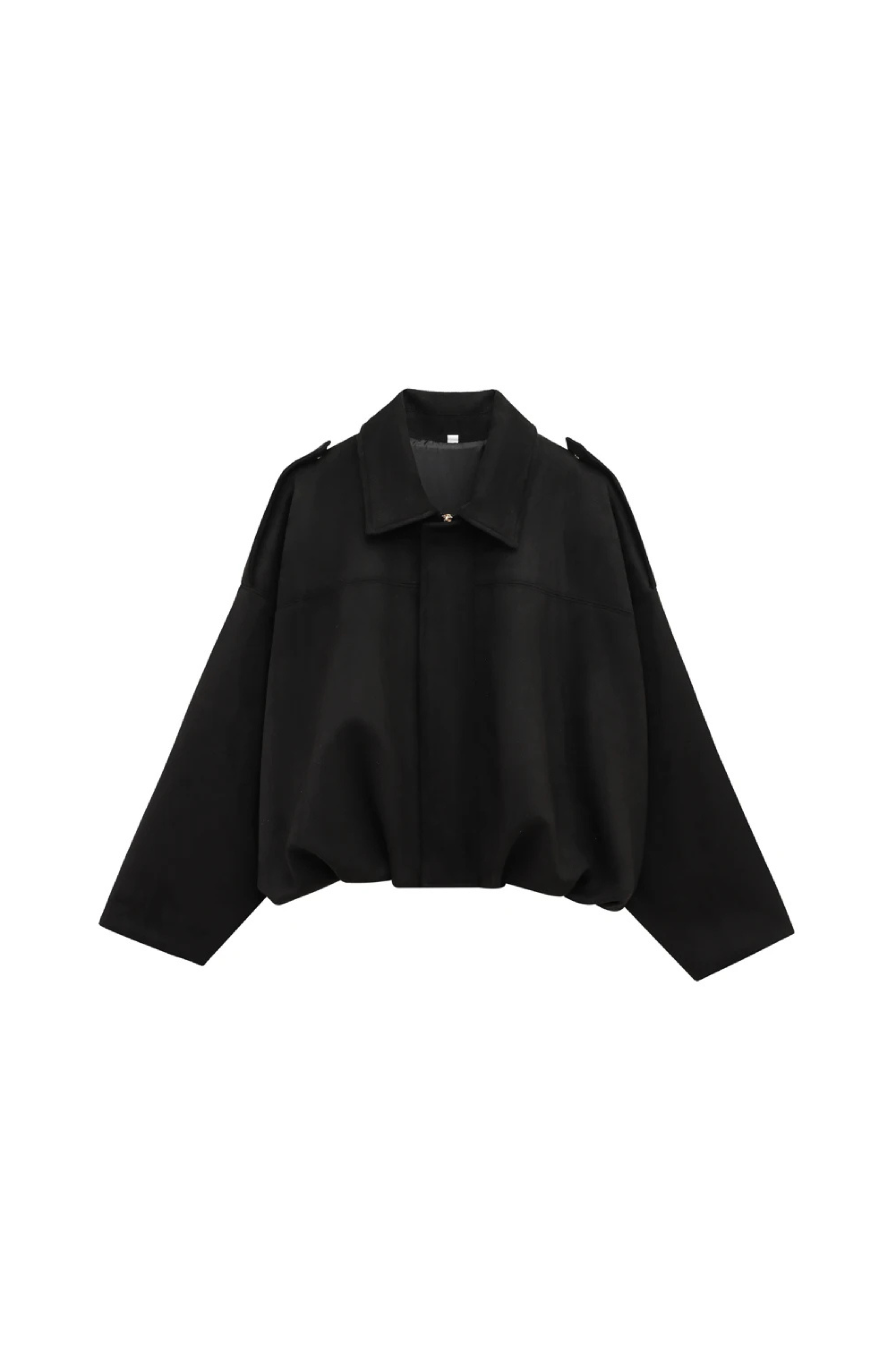 Women's Cropped Bomber Jacket with Collared Neckline and Oversized Sleeves - Black