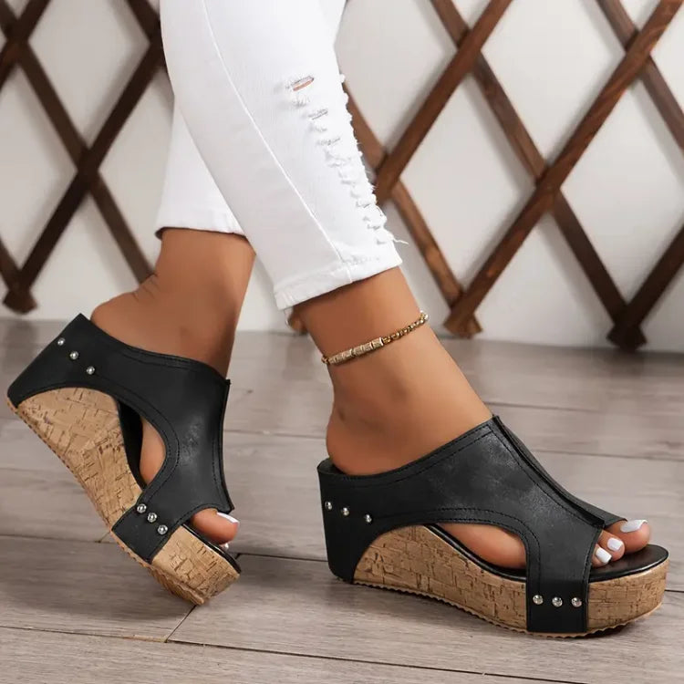 Women's Wedge Slide Sandals with Open Toe and Stud Detailing - 4