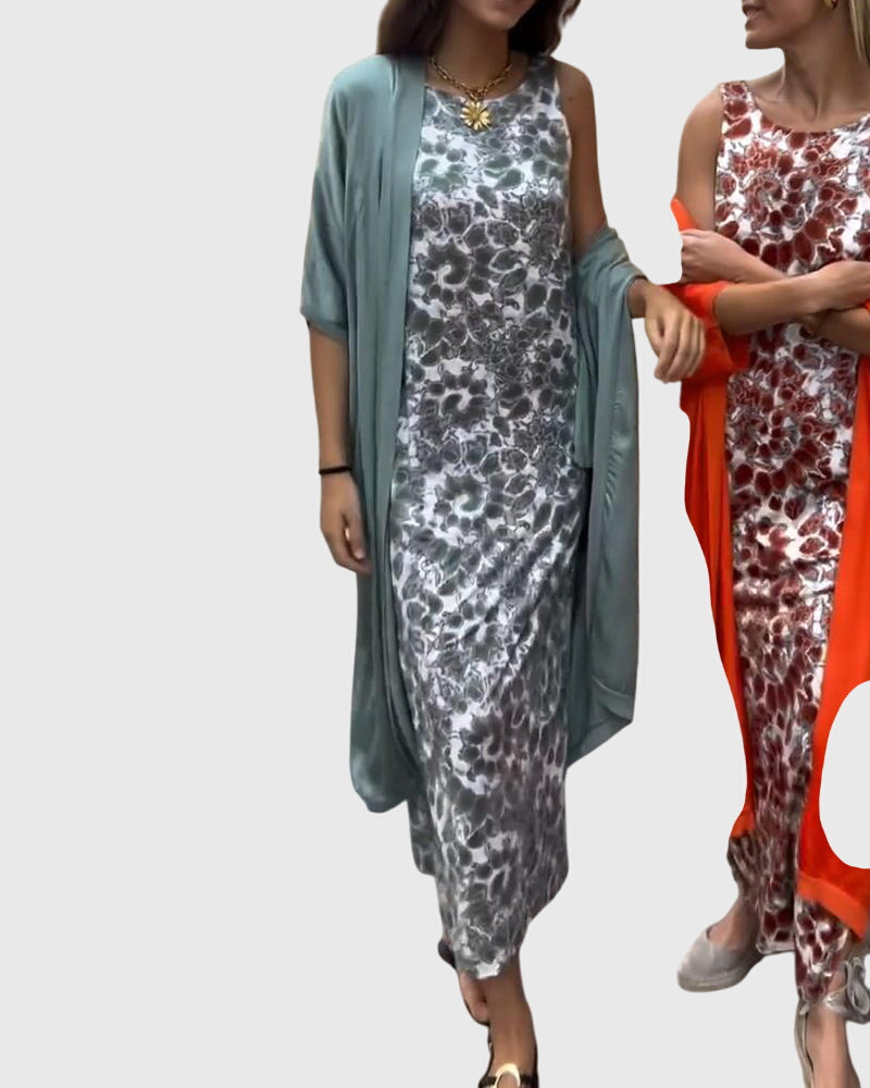 Women's Two-Piece Set with Printed Dress and Open-Front Jumper - Blue