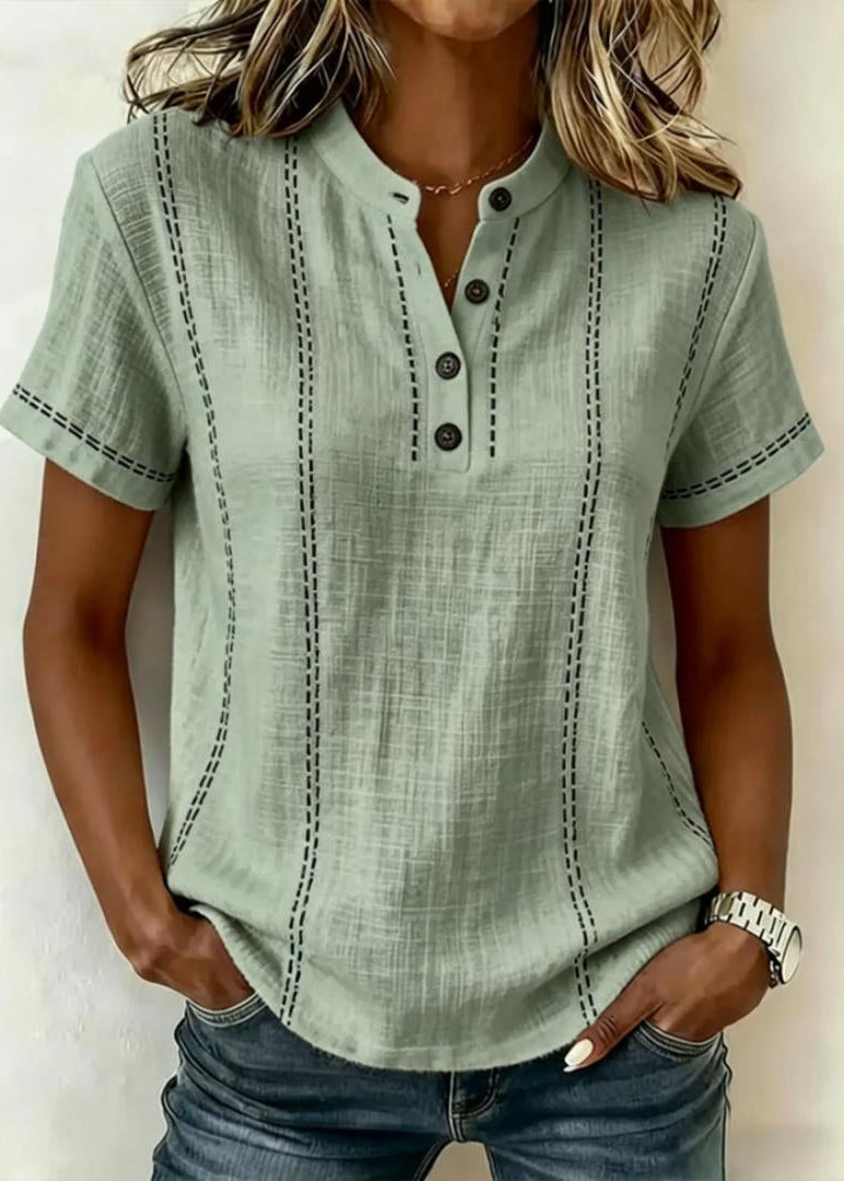Women's Short Sleeve Blouse with Mandarin Collar and V-Neck Button Front - Light Green