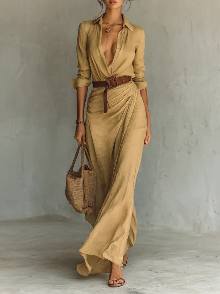 Women's Maxi Shirt Dress with Belt and Long Sleeves - Khaki