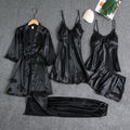 Women's Satin Lace Nightwear Set 5-Piece for Sleepwear - Black