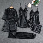 Women's Satin Lace Nightwear Set 5-Piece for Sleepwear - Black