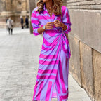 Women's Wrap Midi Dress Striped Long Sleeve with Tie Waist - Light Purple
