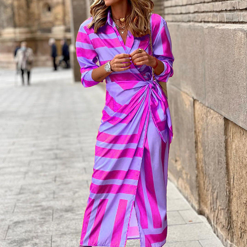 Women's Wrap Midi Dress Striped Long Sleeve with Tie Waist - Light Purple