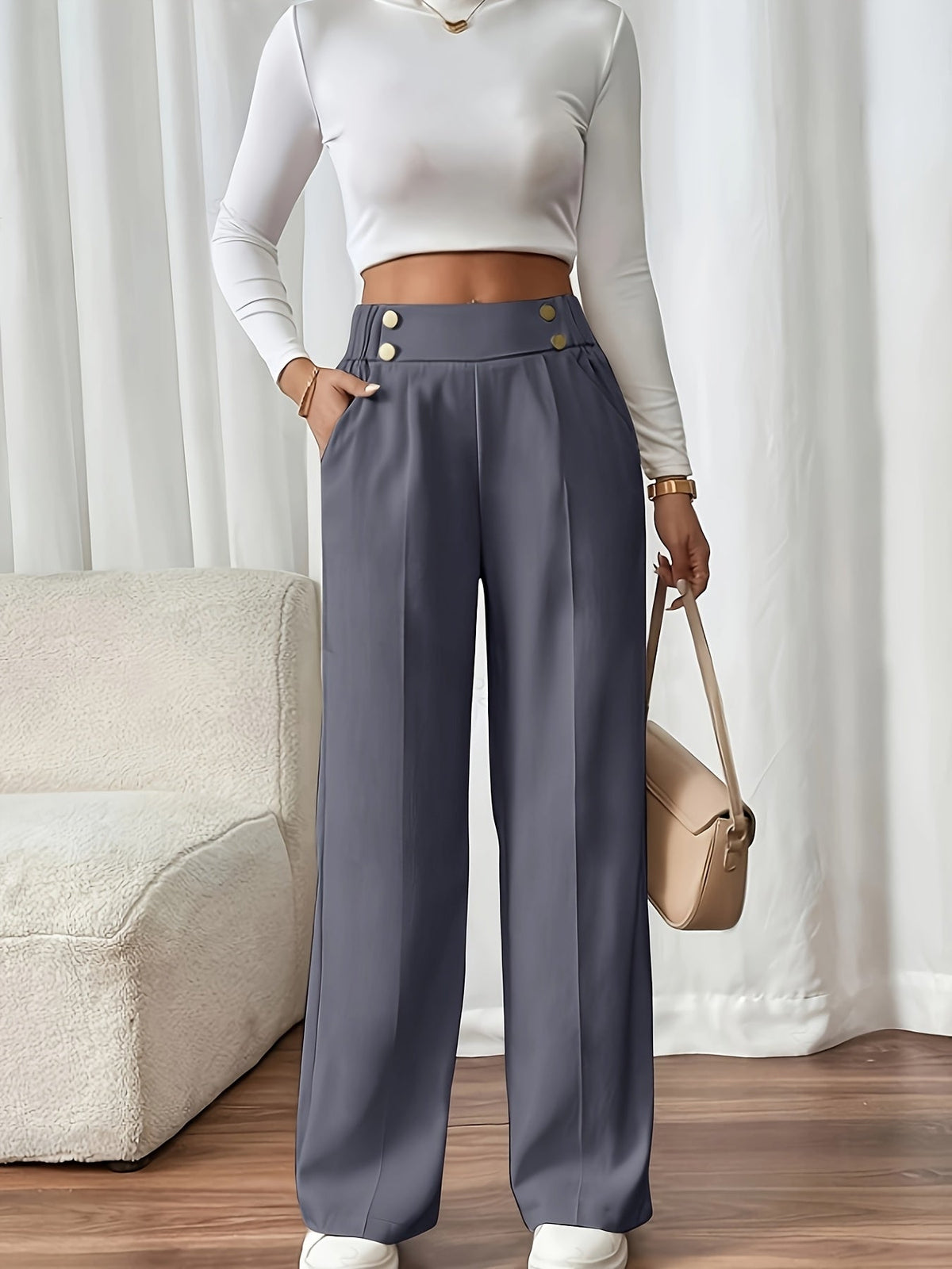 Women's High-Waist Wide-Leg Trousers with Elastic Waist - 9