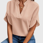 Women's Blouse Short Sleeve with V-Neck and Split Cuffs - Beige