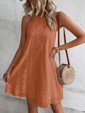 Women's Halter Neck Mini Dress with Eyelet Embroidery and A-Line Silhouette - Orange