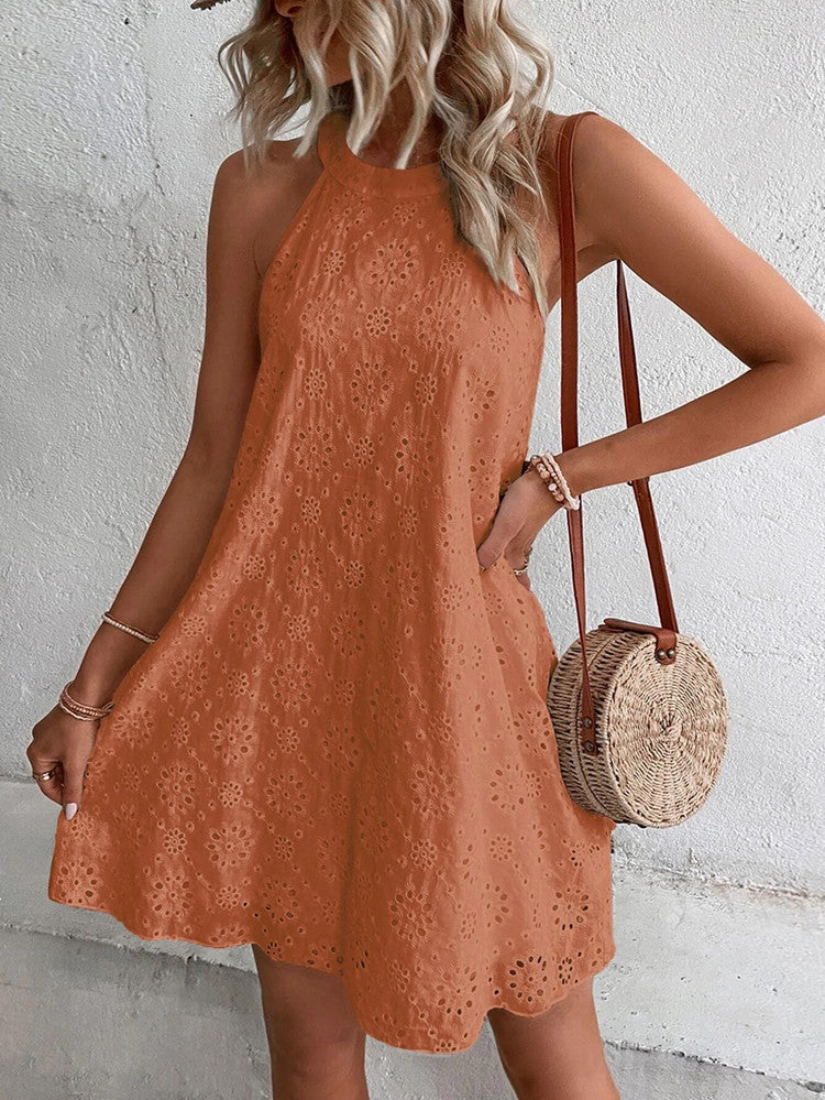 Women's Halter Neck Mini Dress with Eyelet Embroidery and A-Line Silhouette - Orange