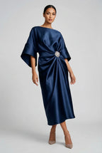 Women's Batwing Midi Dress with Jewel Neckline and Draped Waist - Navy
