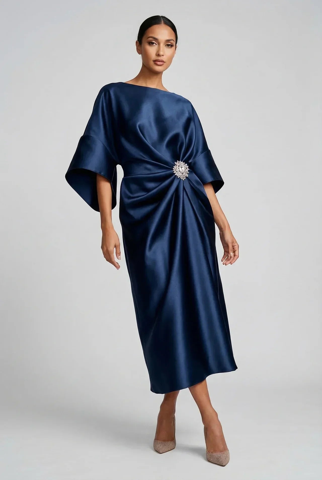 Women's Batwing Midi Dress with Jewel Neckline and Draped Waist - Navy