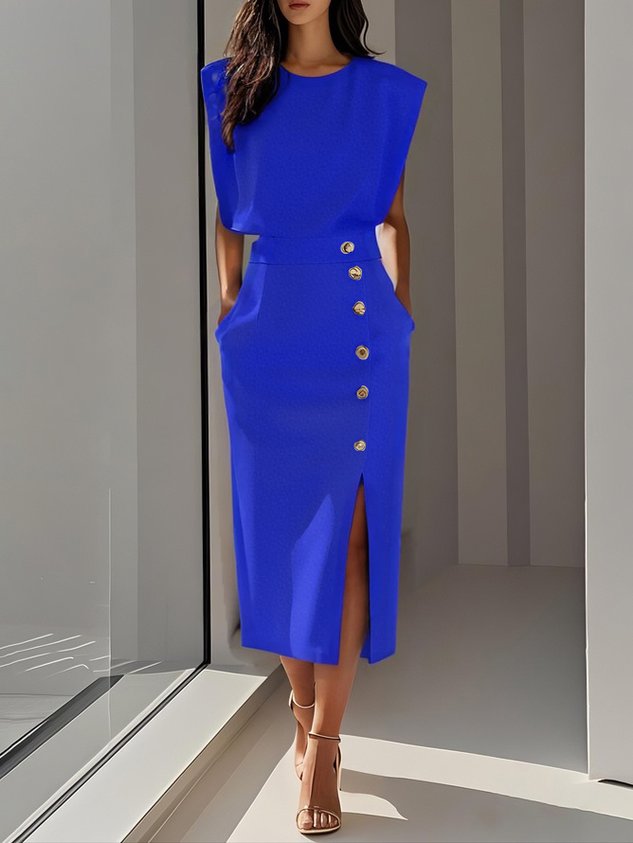 Women's Bodycon Midi Dress Sleeveless with Button Detail and Side Slit - Royal Blue