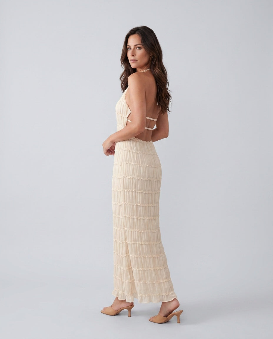 Women's Halter Maxi Dress with Pleated Detail and A-Line Silhouette - 3