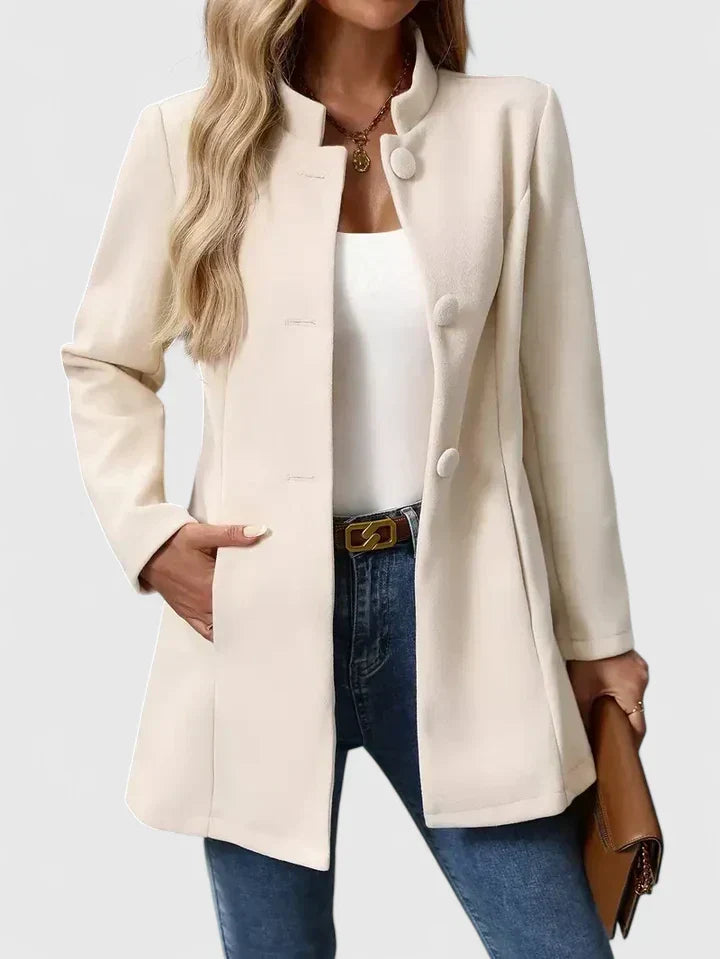 Women's Collarless Jacket with Button Closure and Waist Shaping - 4