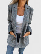 Women's Blazer Checked Notch Lapel with Pockets - Grey