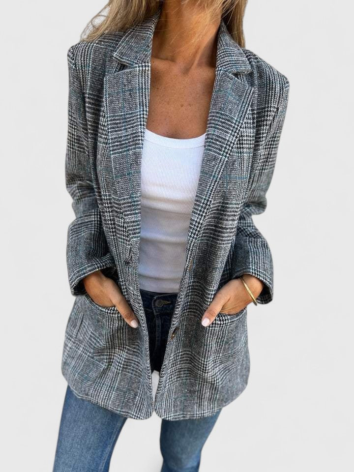 Women's Blazer Checked Notch Lapel with Pockets - Grey