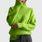 Women's Roll Neck Jumper with Geometric Knit Pattern - Green