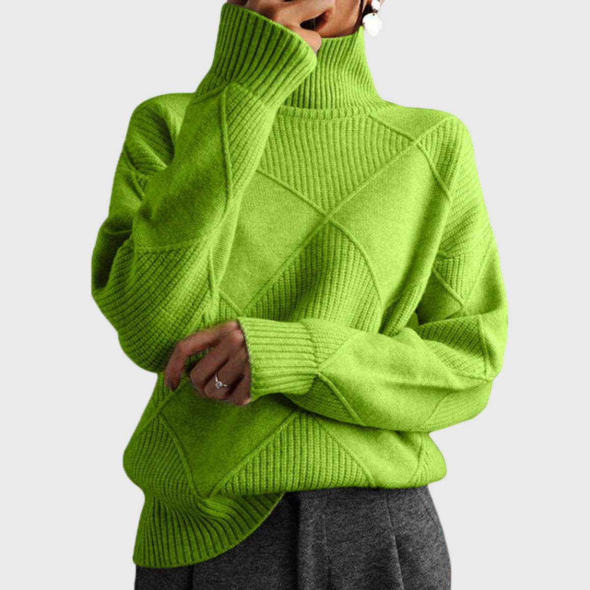 Women's Roll Neck Jumper with Geometric Knit Pattern - Green