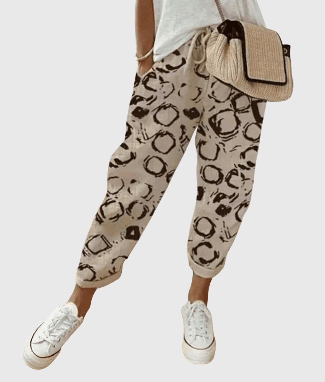 Women's Elastic Waist Trousers with Drawstring and Tapered Leg - Beige Circles