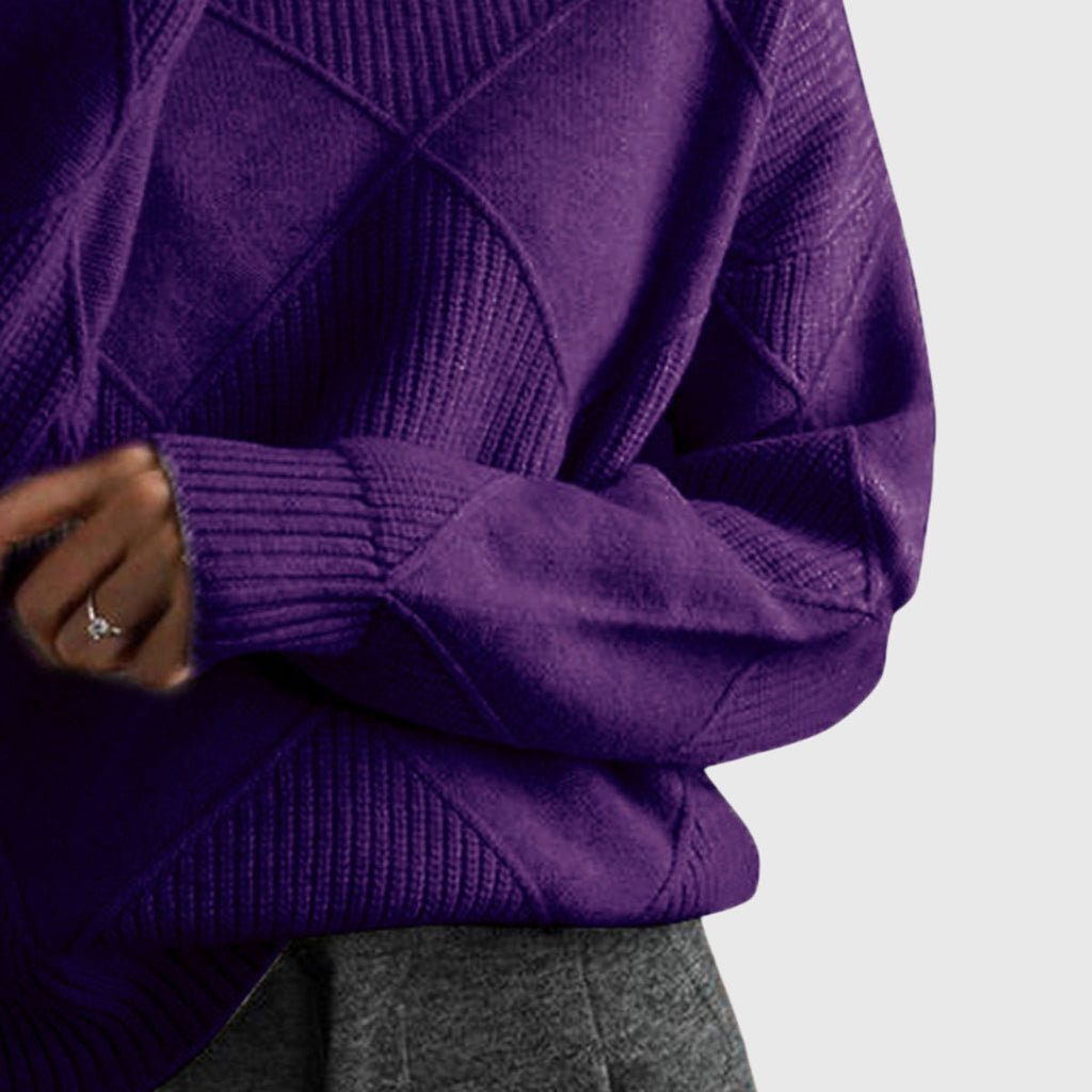Women's Roll Neck Jumper with Geometric Knit Pattern - 14