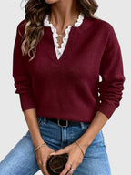 Women's Jumper with Lace Trim V-Neck and Long Sleeves - Red