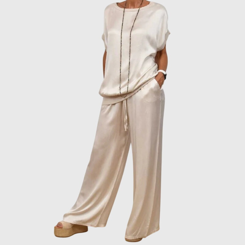 Women's Two-Piece Set Loose Top with Wide-Leg Trousers - White