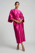 Women's Batwing Midi Dress with Jewel Neckline and Draped Waist - Pink