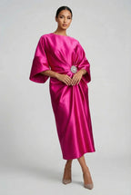 Women's Batwing Midi Dress with Jewel Neckline and Draped Waist - Pink