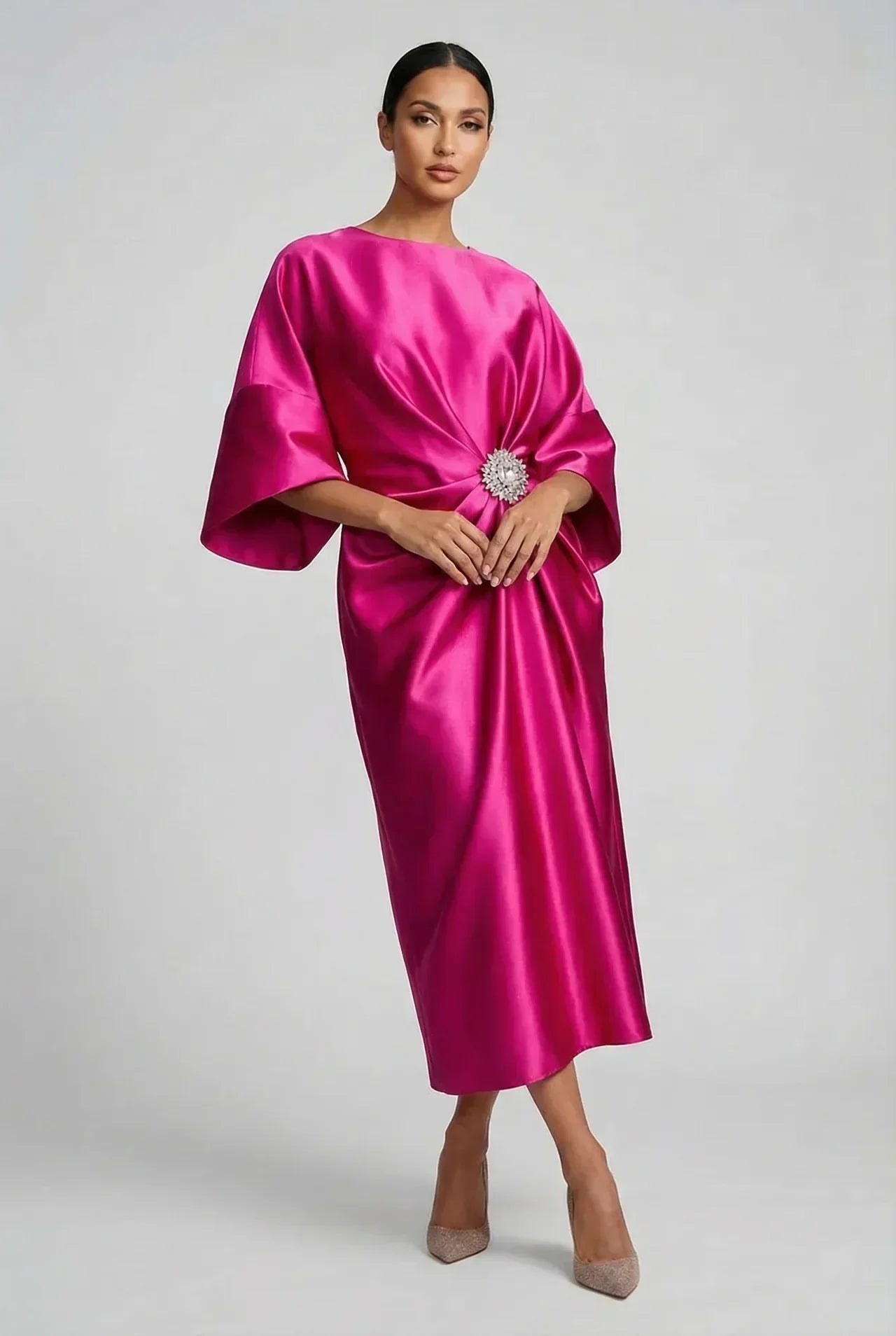 Women's Batwing Midi Dress with Jewel Neckline and Draped Waist - Pink
