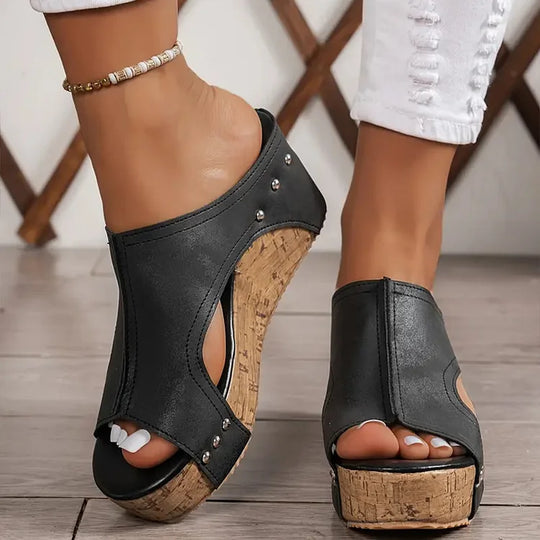 Women's Wedge Slide Sandals with Open Toe and Stud Detailing - 3