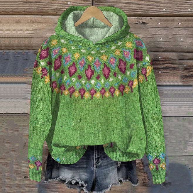Women's Hoodie with Jacquard Pattern and Long Sleeves - Green