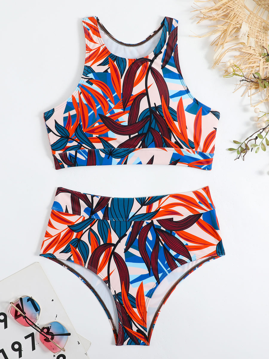 High Neck Bikini Set with High Waist Bottoms - 7