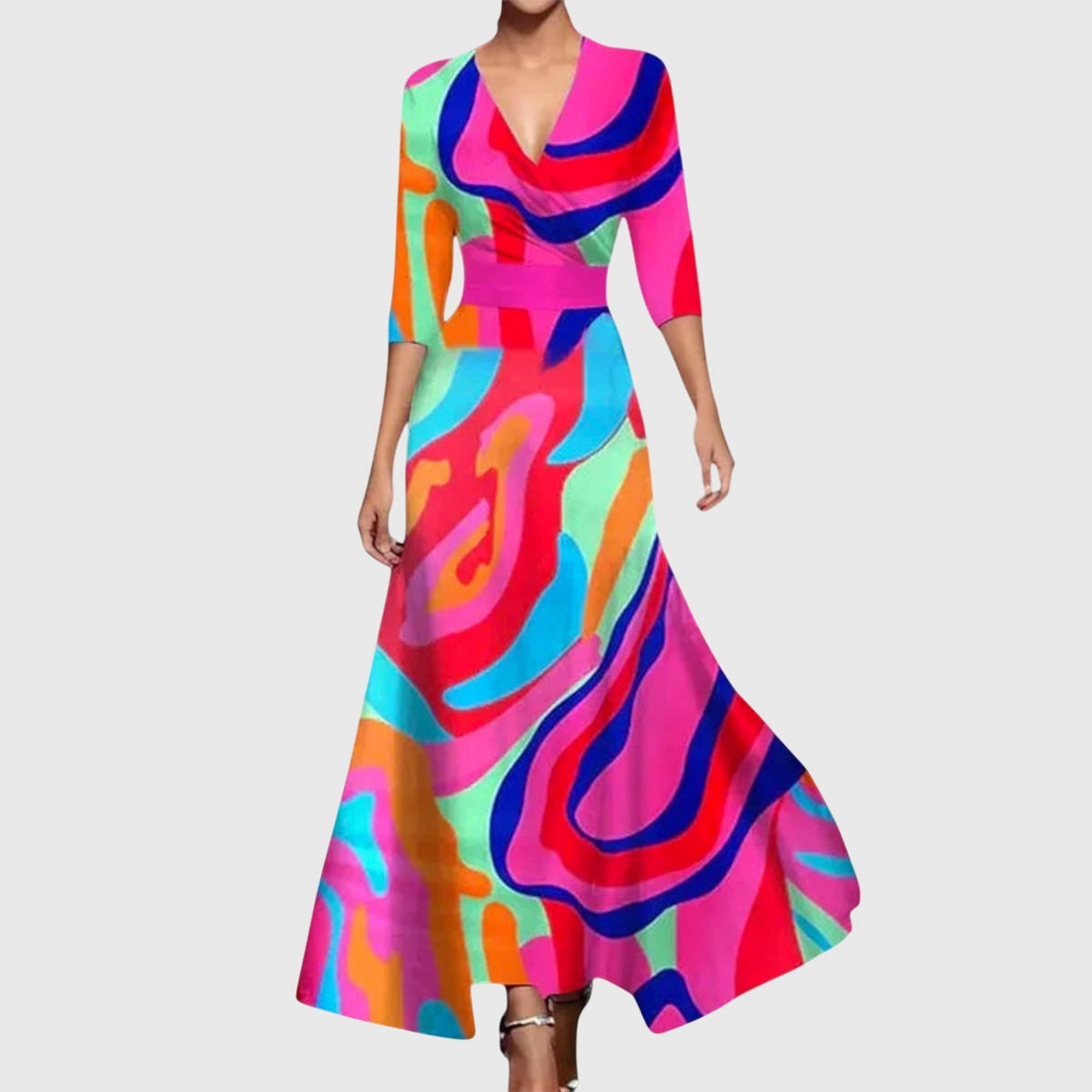 Women's Wrap Dress with V-Neck and Three-Quarter Sleeves - Multicolour