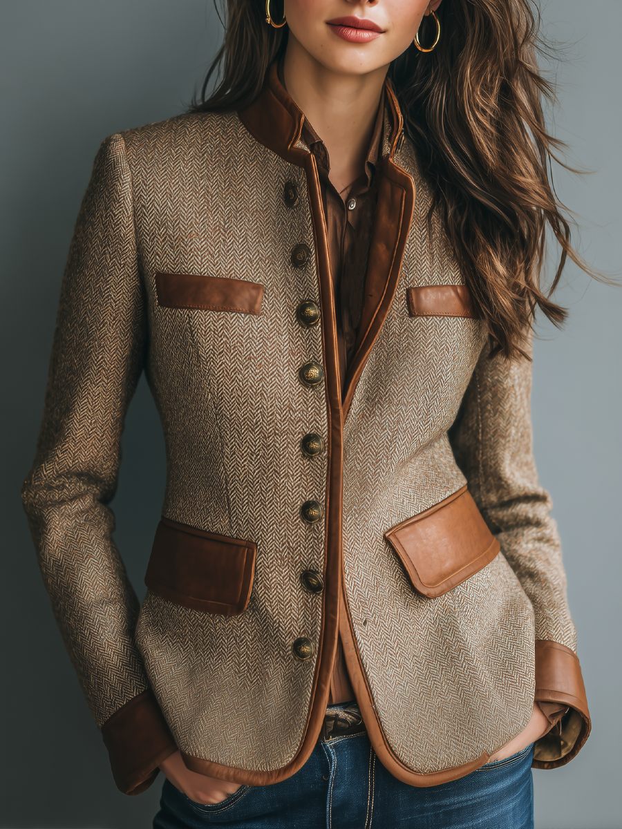 Women's Vintage-Style Jacket with Faux-Leather Trim Pockets and Boxy Silhouette - 2
