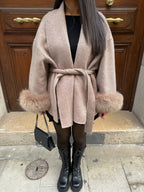 Women's Winter Coat with Faux-Fur Cuffs and Belted Waist - 3