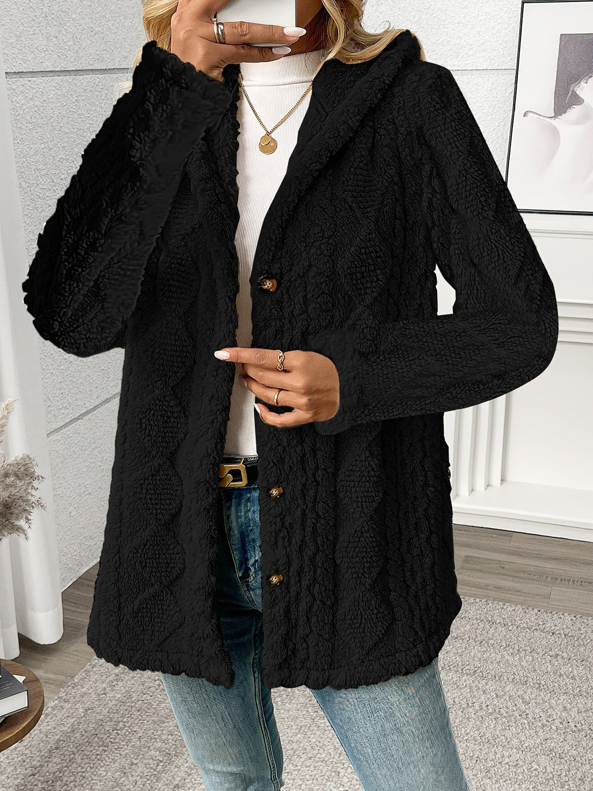 Women's Textured Button-Front Coat Relaxed Fit - 3