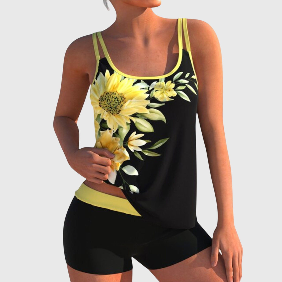 Women's Floral Print Two-Piece Swimsuit Set with Tank Top and Shorts - Yellow
